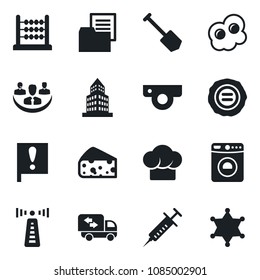 Set of vector isolated black icon - antenna vector, washer, job, stamp, syringe, important flag, folder document, company, office building, abacus, moving, cook hat, omelette, cheese, web camera