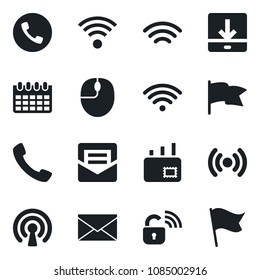 Set of vector isolated black icon - phone vector, mail, mouse, calendar, call, download, wireless, lock, flag