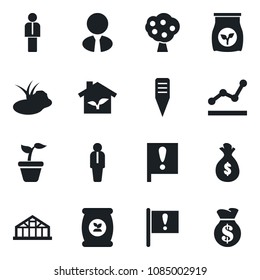 Set of vector isolated black icon - manager vector, seedling, plant label, greenhouse, pond, fertilizer, important flag, point graph, fruit tree, estate agent, eco house, money bag