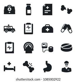 Set of vector isolated black icon - doctor case vector, diagnosis, blood pressure, pills, ampoule, tomography, ambulance car, hospital bed, stomach, broken bone, pulse clipboard