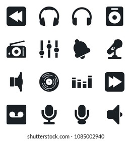 Set of vector isolated black icon - vinyl vector, microphone, radio, speaker, settings, equalizer, headphones, fast forward, rewind, bell, record, sound