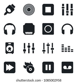 Set of vector isolated black icon - vinyl vector, flame disk, settings, equalizer, headphones, speaker, pause button, stop, fast forward, hdmi, tuning, record