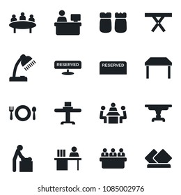 Set of vector isolated black icon - baby room vector, meeting, manager place, picnic table, desk, lamp, restaurant, cafe, reserved, salt and pepper, serviette