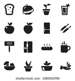 Set of vector isolated black icon - hot cup vector, seedling, plant label, diet, fridge, phyto bar, salad, bread, kebab, apple fruit, palm sproute