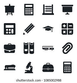 Set of vector isolated black icon - airport bus vector, book, calculator, graduate, presentation board, microscope, paper clip, abacus, pencil, stapler, case