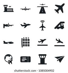 Set of vector isolated black icon - plane vector, airport tower, runway, radar, departure, arrival, ticket, ladder car, boarding, seat map, globe, building, paper