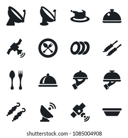 Set of vector isolated black icon - satellite antenna vector, spoon and fork, dish, plates, waiter, chicken, kebab, bowl