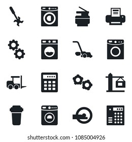 Set of vector isolated black icon - washer vector, fork loader, gear, lawn mower, ripper, tomography, printer, copier, crane, water filter, combination lock