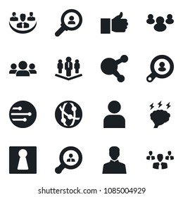 Set of vector isolated black icon - female vector, brainstorm, network, share, group, finger up, user, company, client search, consumer