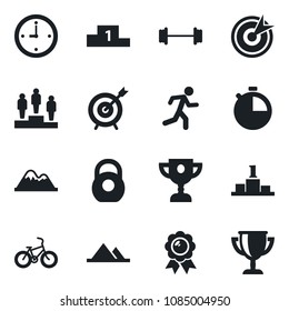 Set of vector isolated black icon - pedestal vector, medal, barbell, bike, run, heavy, stopwatch, clock, mountains, target, award cup