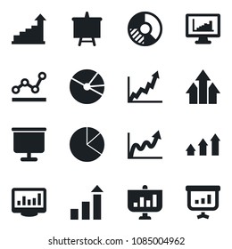 Set of vector isolated black icon - growth statistic vector, presentation board, circle chart, monitor statistics, pie graph, point, arrow up