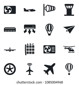 Set of vector isolated black icon - plane vector, airport tower, radar, wind, helicopter, seat map, air conditioner, fan, paper, balloon