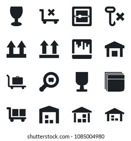 Set of vector isolated black icon - baggage trolley vector, fragile, cargo, up side sign, no, hook, warehouse, search, scanner, blank box