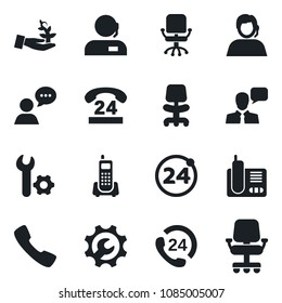 Set of vector isolated black icon - 24 around vector, office chair, phone, hours, support, speaker, radio, call, root setup, palm sproute