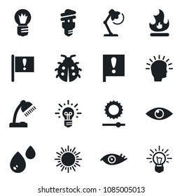 Set of vector isolated black icon - sun vector, bulb, lady bug, fire, eye, important flag, brightness, desk lamp, water, energy saving, shining head, idea