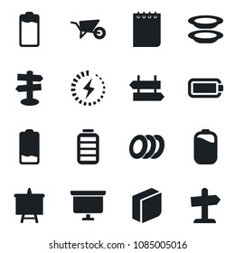 Set of vector isolated black icon - signpost vector, notepad, presentation board, wheelbarrow, battery, low, charge, blank box, plates, guidepost