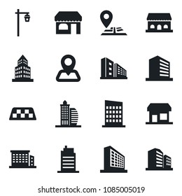 Set of vector isolated black icon - taxi vector, shop, office building, garden light, navigation, city house, cafe, storefront