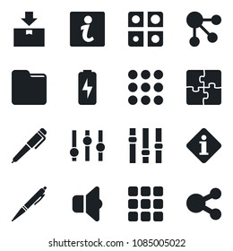 Set of vector isolated black icon - package vector, settings, menu, folder, charge, application, pen, sound, information, social media