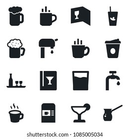 Set of vector isolated black icon - hot cup vector, coffee machine, water supply, alcohol, wine card, drink, cocktail, phyto bar, beer, turkish