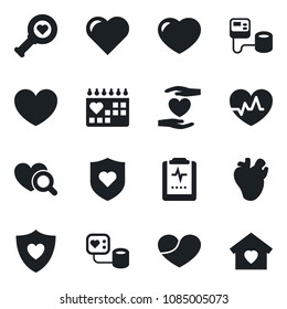 Set of vector isolated black icon - heart vector, pulse, blood pressure, diagnostic, shield, hand, real, medical calendar, clipboard, sweet home