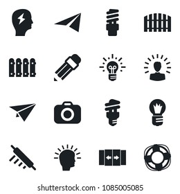 Set of vector isolated black icon - automatic door vector, brainstorm, bulb, camera, pencil, fence, rolling pin, energy saving, shining head, idea, paper plane, crisis management