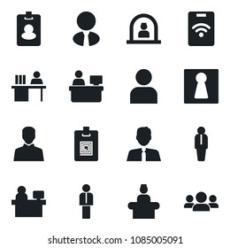 Set of vector isolated black icon - female vector, reception, manager, place, user, identity card, desk, estate agent, pass, group