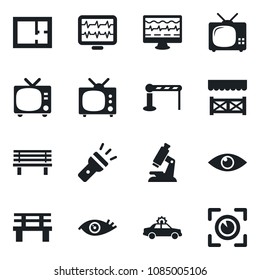 Set of vector isolated black icon - barrier vector, tv, alarm car, bench, monitor pulse, microscope, eye, torch, plan, alcove, scan