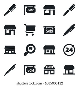 Set of vector isolated black icon - 24 around vector, shop, pen, store, search cargo, sale, sold signboard, cafe building, cart, storefront