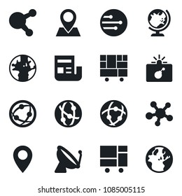 Set of vector isolated black icon - satellite antenna vector, bomb in case, globe, earth, pin, consolidated cargo, network, share, news