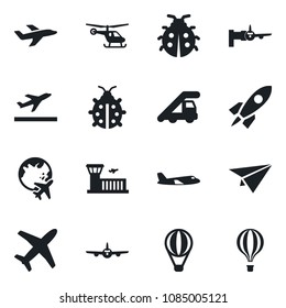 Set of vector isolated black icon - departure vector, ladder car, plane, boarding, helicopter, globe, airport building, lady bug, rocket, paper, air balloon