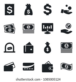 Set of vector isolated black icon - ticket office vector, dollar sign, money bag, statistic monitor, cash, receipt, credit card, wallet, investment