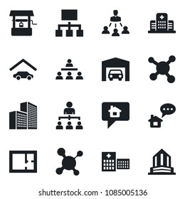 Set of vector isolated black icon - hierarchy vector, well, molecule, hospital, office building, garage, plan, home message