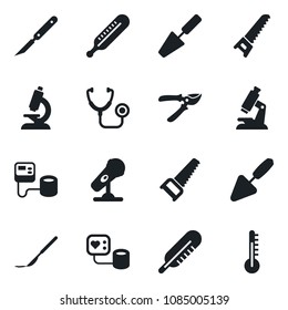Set of vector isolated black icon - trowel vector, pruner, saw, stethoscope, blood pressure, thermometer, microscope, scalpel, microphone