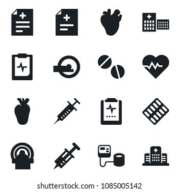 Set of vector isolated black icon - heart pulse vector, diagnosis, syringe, blood pressure, pills, blister, tomography, real, clipboard, hospital