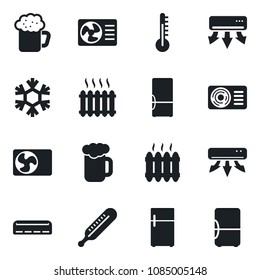 Set of vector isolated black icon - thermometer vector, heater, air conditioner, fridge, beer, snowflake