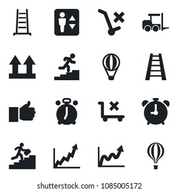 Set of vector isolated black icon - elevator vector, alarm clock, fork loader, ladder, up side sign, no trolley, finger, career, growth graph, air balloon