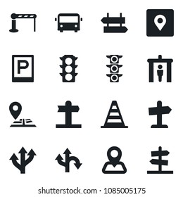Set of vector isolated black icon - airport bus vector, parking, barrier, security gate, signpost, border cone, route, navigation, traffic light, place tag, guidepost