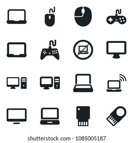 Set of vector isolated black icon - no laptop vector, wireless notebook, mouse, pc, gamepad, monitor, usb flash