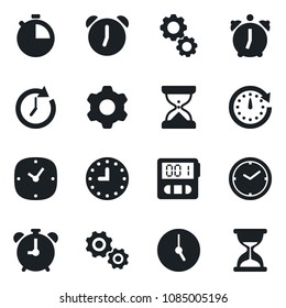 Set of vector isolated black icon - alarm clock vector, settings, stopwatch, gear, sand