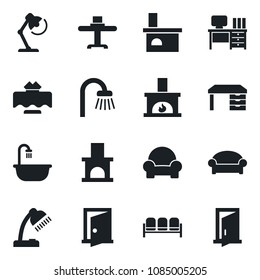Set of vector isolated black icon - waiting area vector, desk, fireplace, lamp, bathroom, cushioned furniture, restaurant table, door