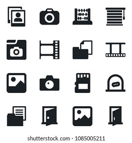 Set of vector isolated black icon - ticket office vector, camera, abacus, folder document, film frame, gallery, sd, photo, jalousie, door