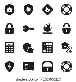 Set of vector isolated black icon - safe vector, lock, flammable, protect, key, estate insurance, home, combination, crisis management