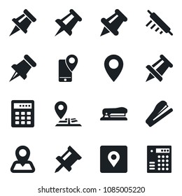 Set of vector isolated black icon - drawing pin vector, navigation, mobile tracking, paper, place tag, stapler, rolling, combination lock