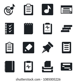 Set of vector isolated black icon - notepad vector, pulse clipboard, paper pin, notes, music, checklist, tray, schedule