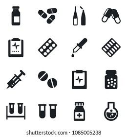 Set of vector isolated black icon - syringe vector, blood test vial, dropper, pills, bottle, blister, ampoule, pulse clipboard, flask