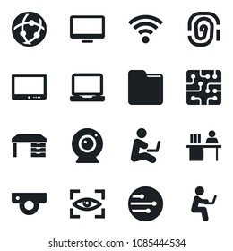 Set of vector isolated black icon - desk vector, tv, monitor, laptop pc, network, folder, wireless, manager, chip, web camera, eye scan, fingerprint, man with notebook