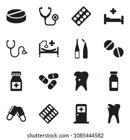 Set of vector isolated black icon - medical room vector, stethoscope, pills, bottle, blister, ampoule, hospital bed, caries