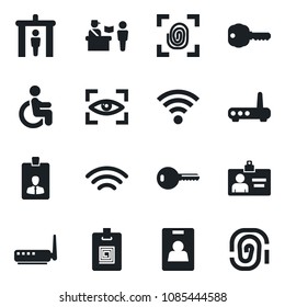 Set of vector isolated black icon - passport control vector, security gate, identity card, disabled, wireless, key, fingerprint, router, eye scan