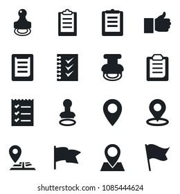 Set of vector isolated black icon - stamp vector, navigation, pin, clipboard, finger up, place tag, checklist, flag