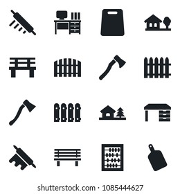 Set of vector isolated black icon - abacus vector, desk, fence, axe, bench, house with tree, rolling pin, cutting board